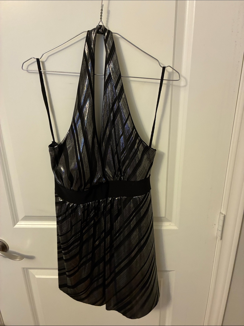 One-Shoulder Black and Silver Stripe Halter Dress